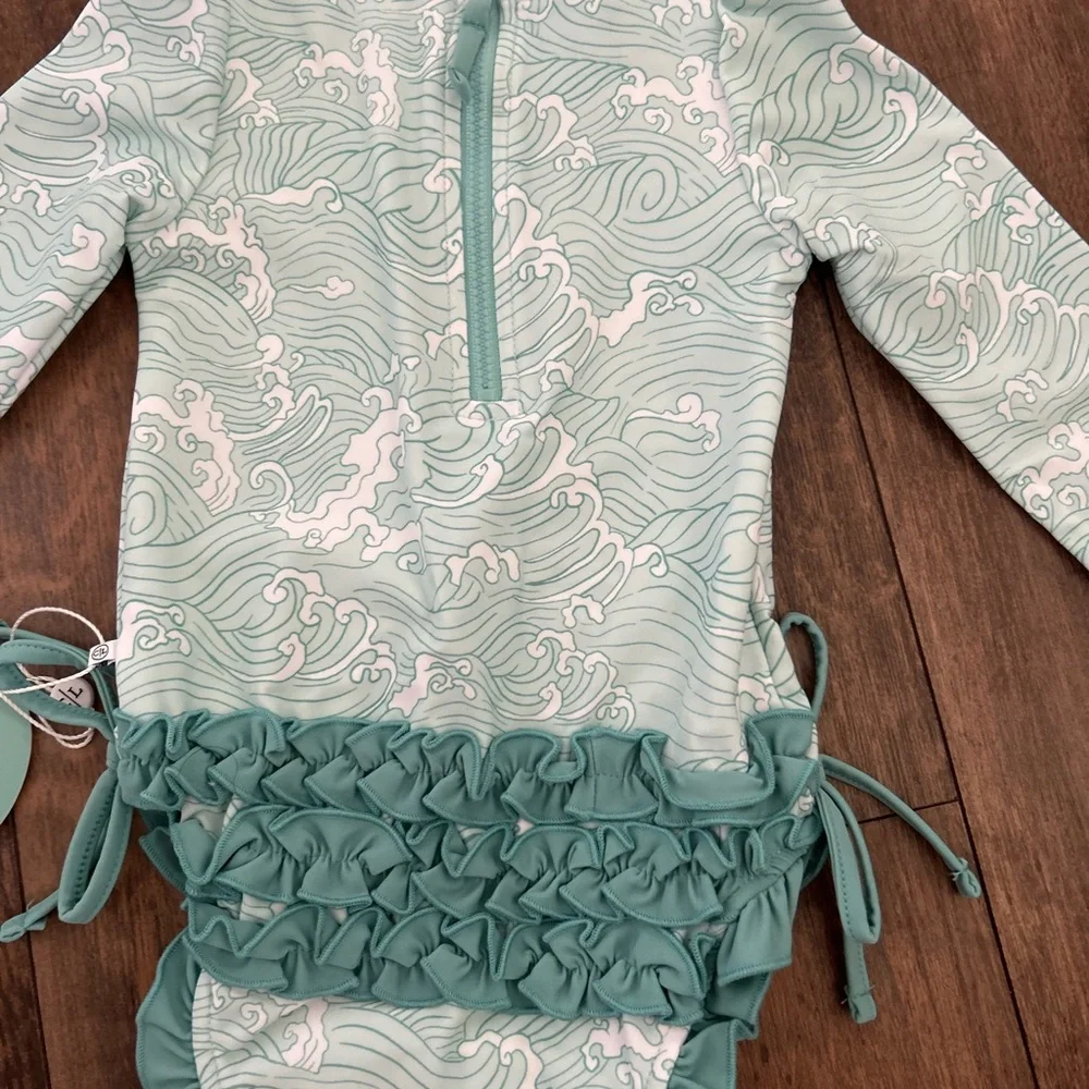 Baby Swim Long Sleeve Rash Guard - Greenish teal and white Waves - Picture 3 of 4